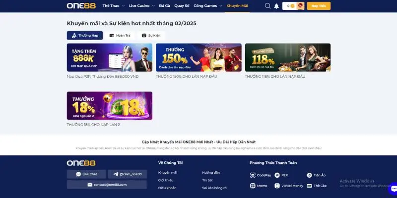 Khuyến mãi One88 cho lần nạp đầu