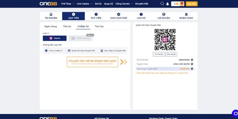 Nạp tiền one88 qua ví điện tử