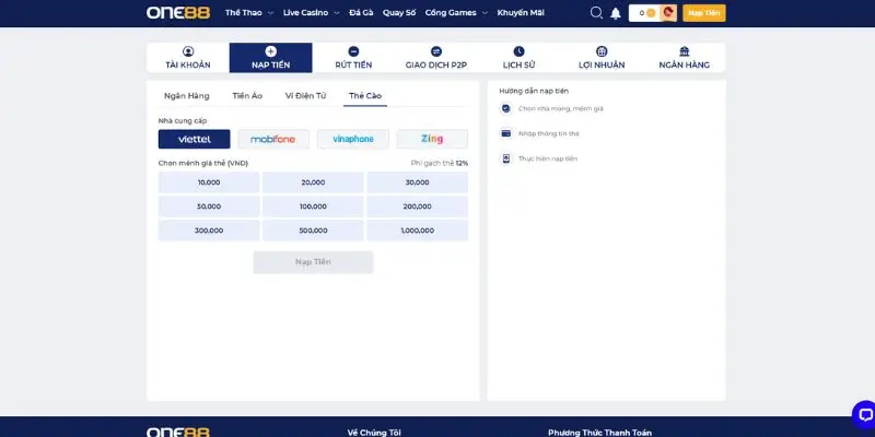Nạp tiền one88 qua thẻ cào