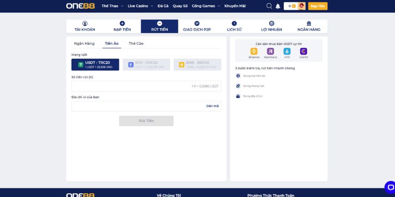 Hướng dẫn nạp tiền one88 qua tiền ảo