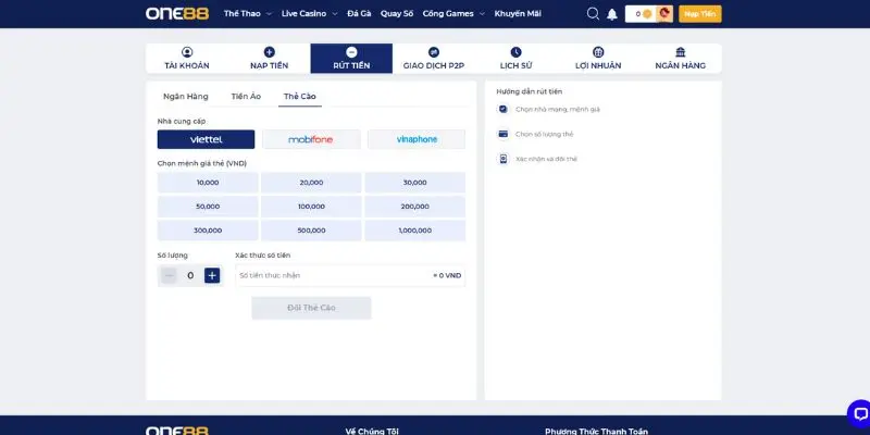 Hướng dẫn nạp tiền one88 bằng thẻ cào